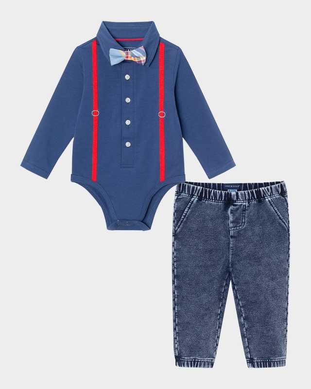 Boy's Suspender Shirtzie W/ Pique Pants Set, Size Newborn-24